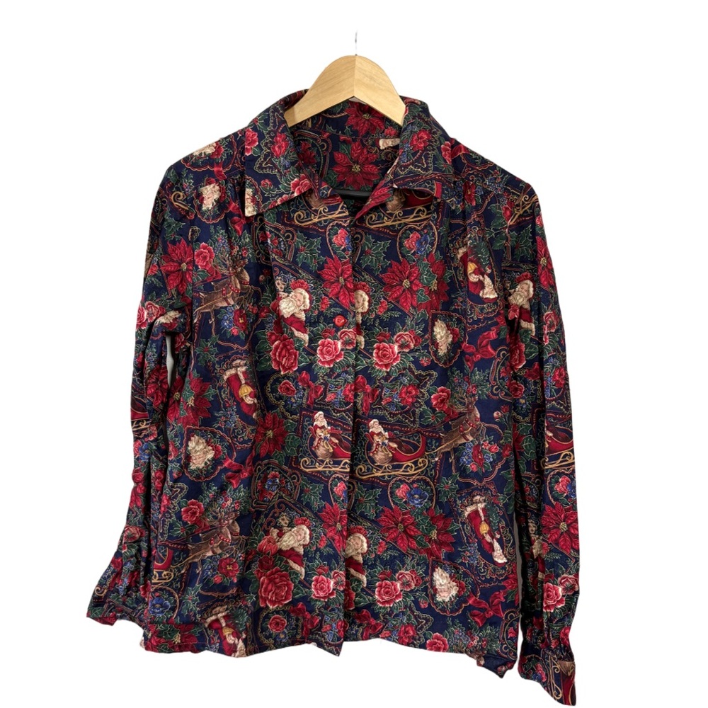 Vintage Christmas Santa Floral Button Down Blouse M - Picture 1 of 5